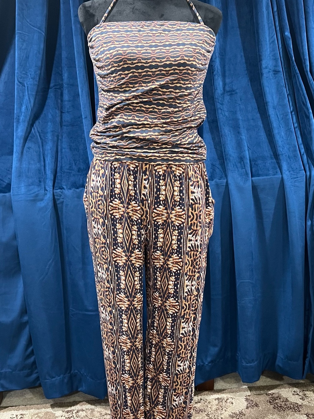 CAbi Navy and Tan Strapless Patterned Jumpsuit